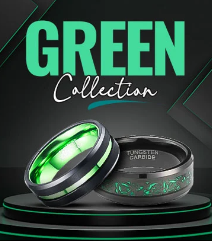 Newman Bands Green Collection display featuring two vibrant tungsten carbide rings with striking green interiors and accents, set against a sleek black and green geometric background.