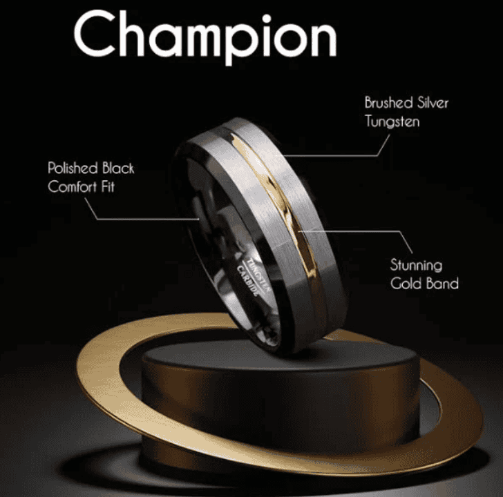 Tungsten carbide ring featuring a brushed silver finish, gold inlay, and polished black comfort fit highlighting the durable construction that makes resizing impossible.