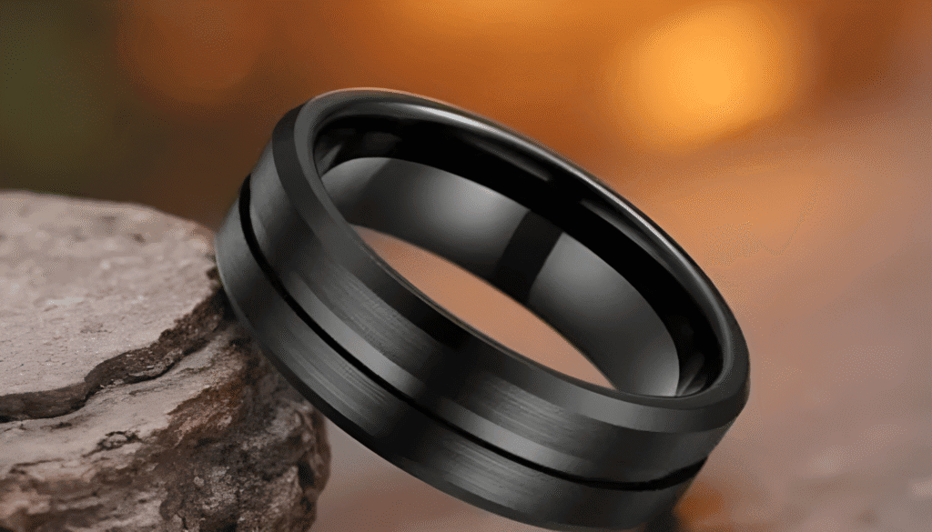Eclipse all-black men’s tungsten ring with a sleek matte finish, designed as a bold and durable wedding or engagement band