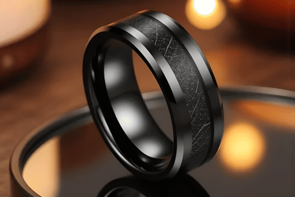 Fireball men’s black tungsten wedding band featuring a sleek polished finish and bold design for a modern, masculine look.