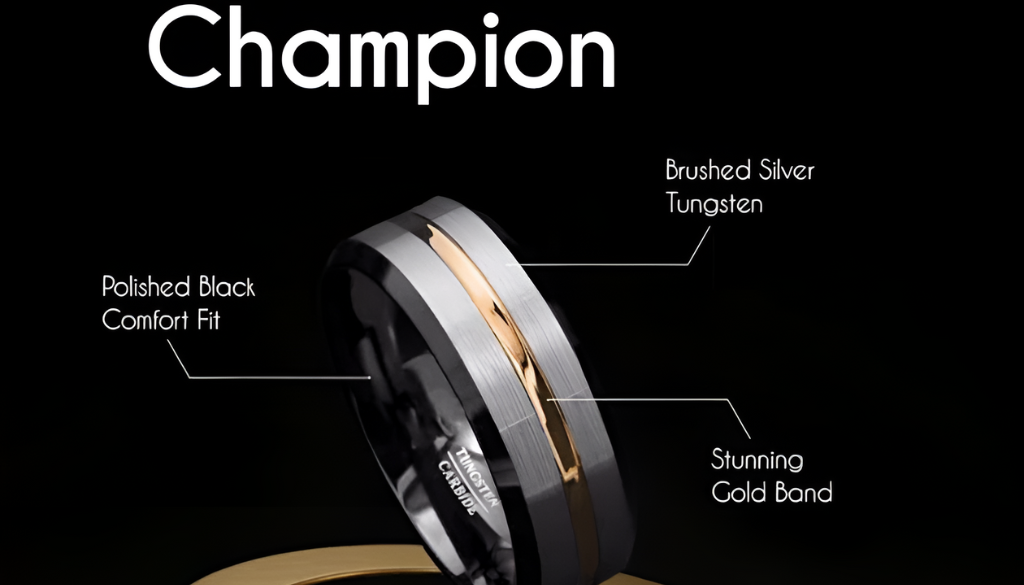 Champion men’s tungsten wedding ring with silver, black, and gold detailing, shown in an enhanced high-resolution image for a bold and elegant finish.