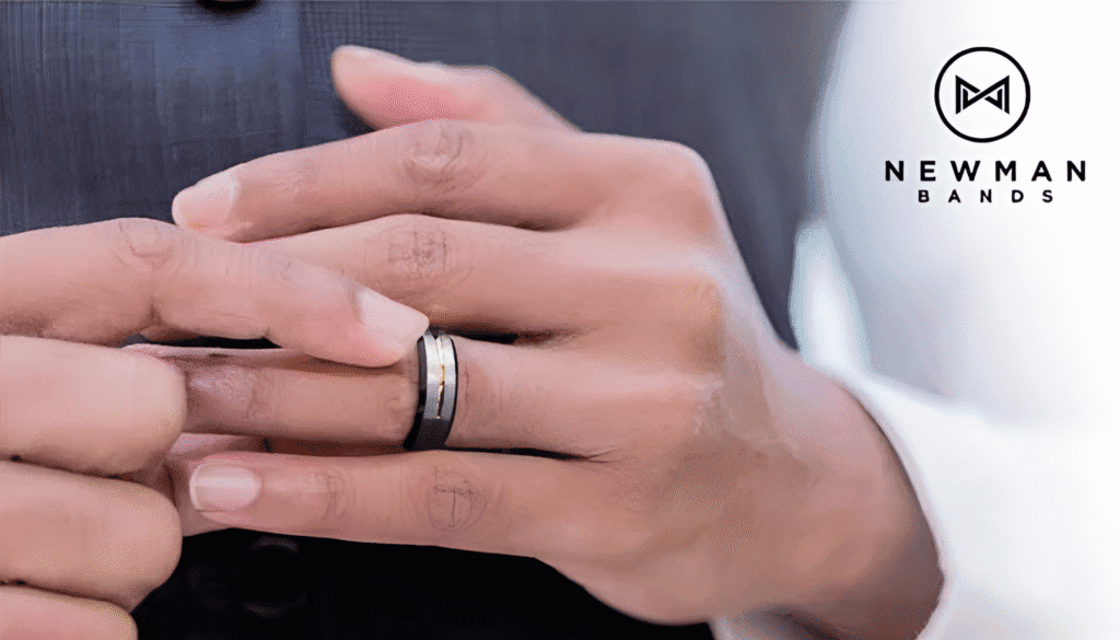 Champion men’s tungsten wedding ring featuring a striking tri-tone design with silver, gold, and black accents for a bold and modern look.