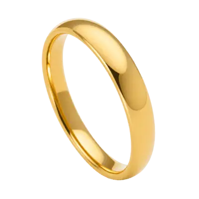 Close-up of a slim 4mm men's gold tungsten carbide ring with a smooth polished finish, isolated on a transparent background.