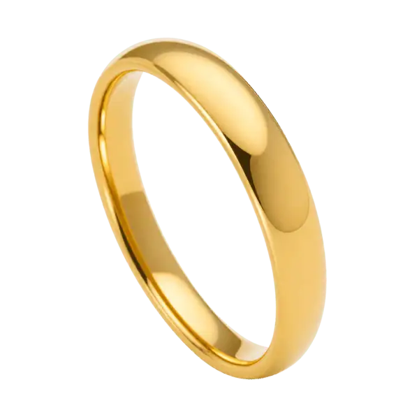 Close-up of a slim 4mm men's gold tungsten carbide ring with a smooth polished finish, isolated on a transparent background.