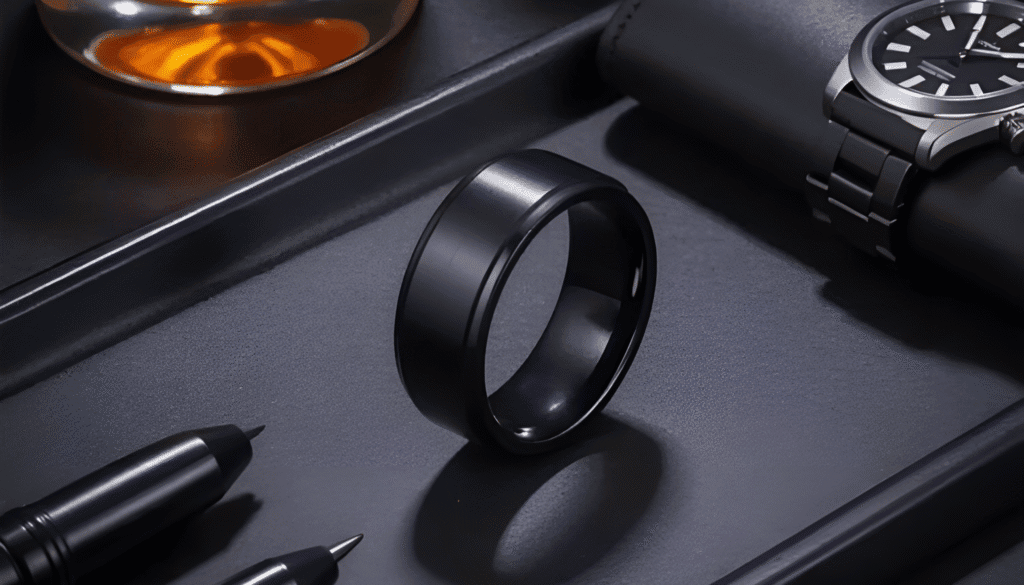 Acute black silicone ring for men, designed as a bold fashion statement piece with a modern, minimalist profile.