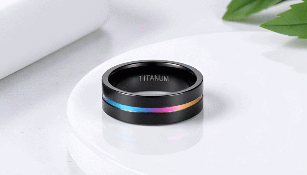 Ambience men’s titanium ring with black exterior and rainbow accents, designed as a bold wedding band or engagement ring celebrating individuality and pride.
