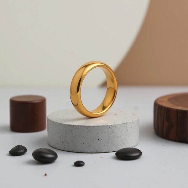 Slim gold tungsten 4mm ring for men with polished finish, ideal as wedding band, engagement ring, or statement ring for him.