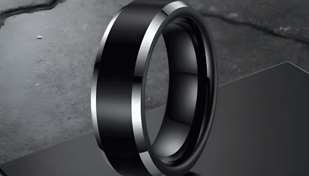 Storm men’s fashion ring crafted from black and silver titanium, featuring a matte and polished contrast finish with engraved detailing for a bold, contemporary look.