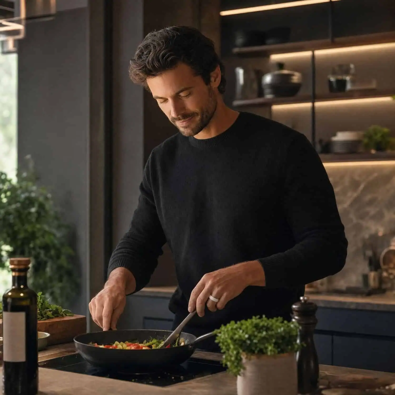 Man wearing a polished white ring while cooking a vegetable stir fry containing peppers and tomatoes in a wok, with kitchen shelves visible in a modern kitchen.