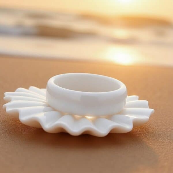 The Snow Drift modern white ceramic men’s ring — promise ring or fashion statement band for him with custom engraving.