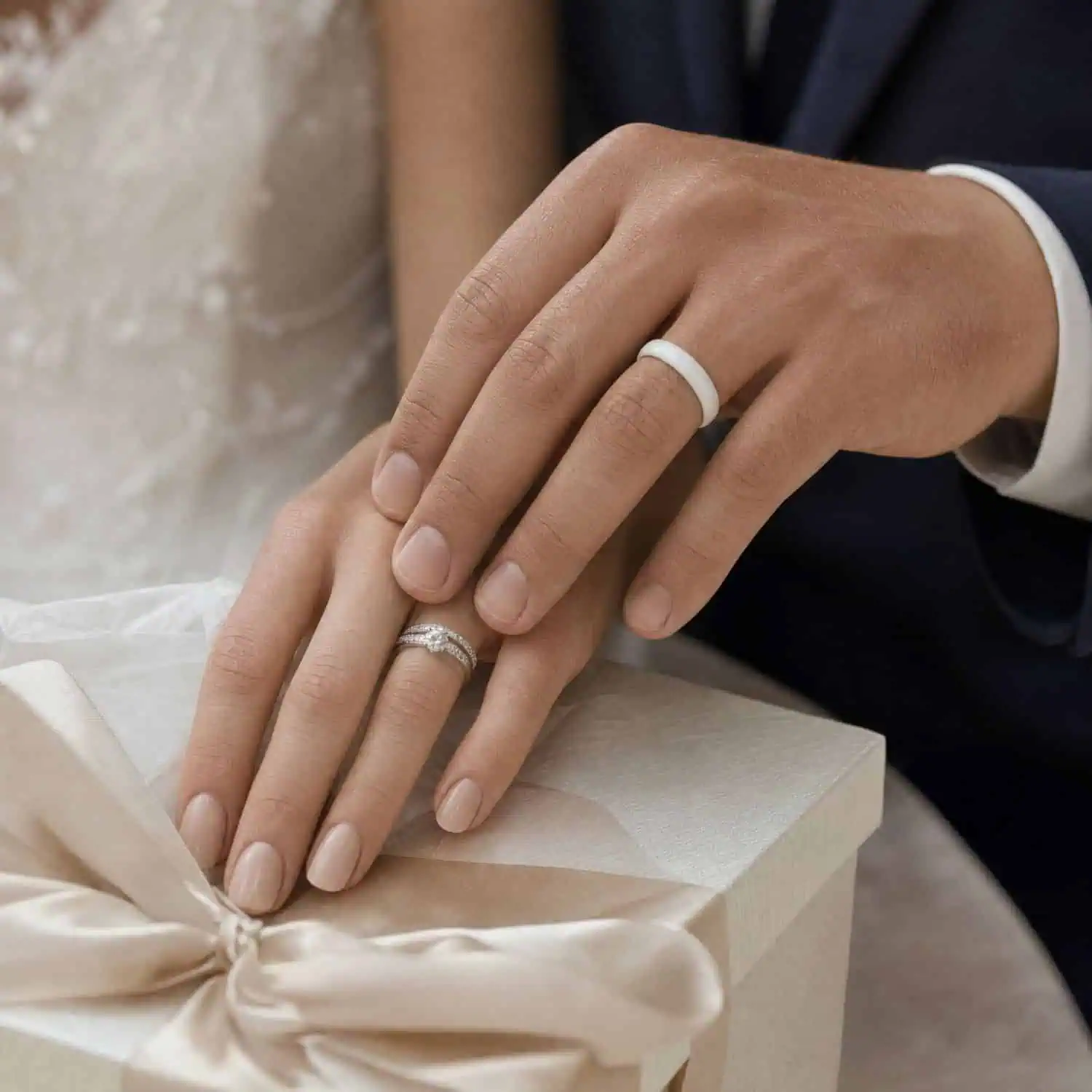 Bride and groom opening a white wedding gift box tied with cream ribbon, with the groom wearing a polished white wedding band as he rests his hand over the bride's.