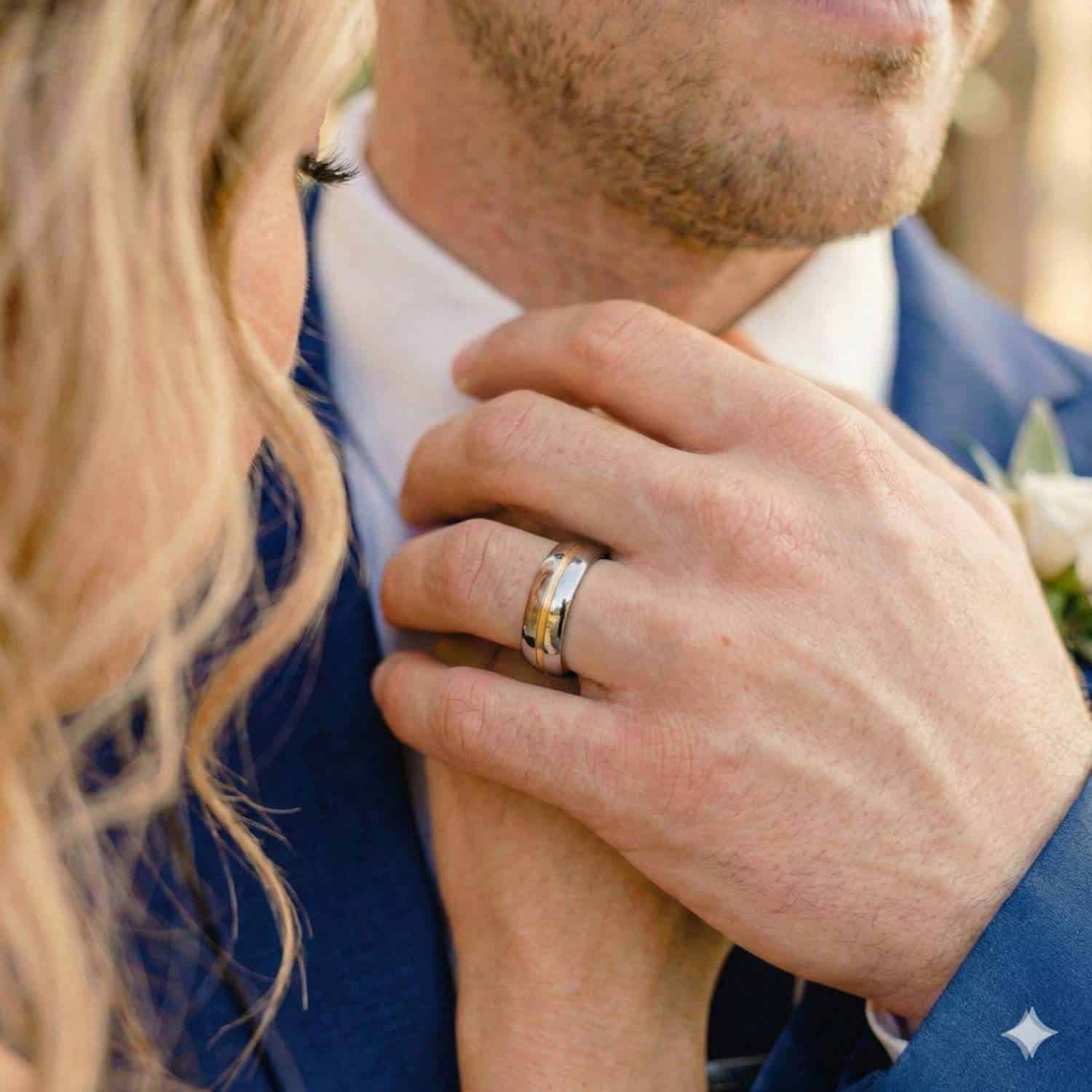 The newly married couple stand facing each other and holding hands. On the mans hand, he is wearing a silver tungsten ring that has a groove of gold running through its centre.
