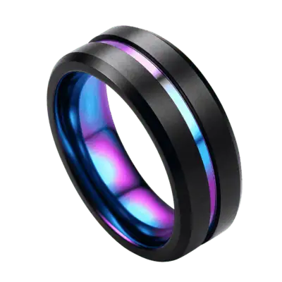 Close-up of a men's black tungsten ring with an iridescent rainbow centre groove, displayed against a white background to showcase its colour-shifting finish.