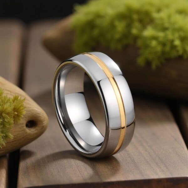 Mans Fashion Statement Ring - Silver Tungsten with Gold Groove
