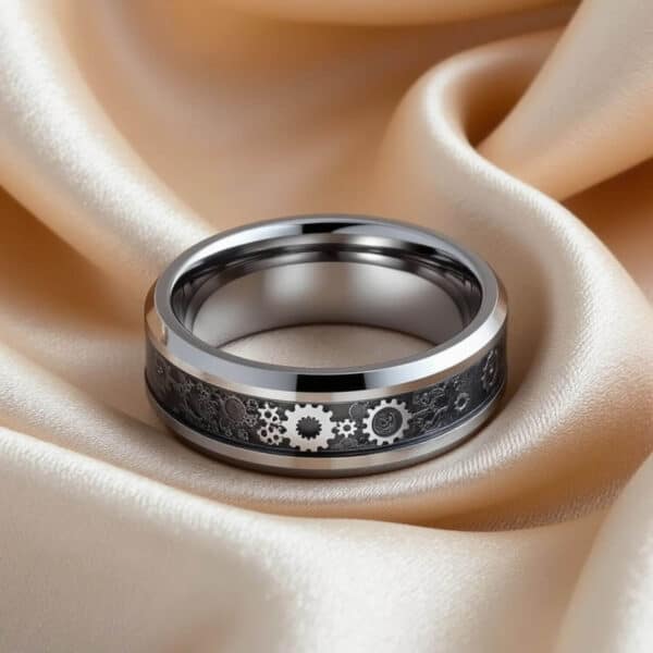 Innovative Mens Wedding Wedding Band. Silver Tungsten Ring with Carbon Fibre Inlay