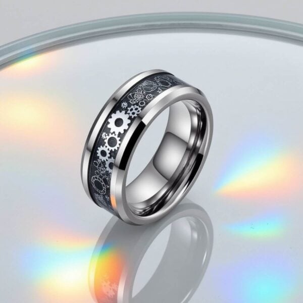 Tungsten Ring for Men - Carbon Fibre Band with Cogwheel Design