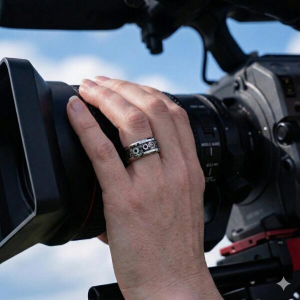 The photographer holds his video camera. His hand is visible, showing his silver and black ring - made with tungsten and carbon, it features a cogwheel design.