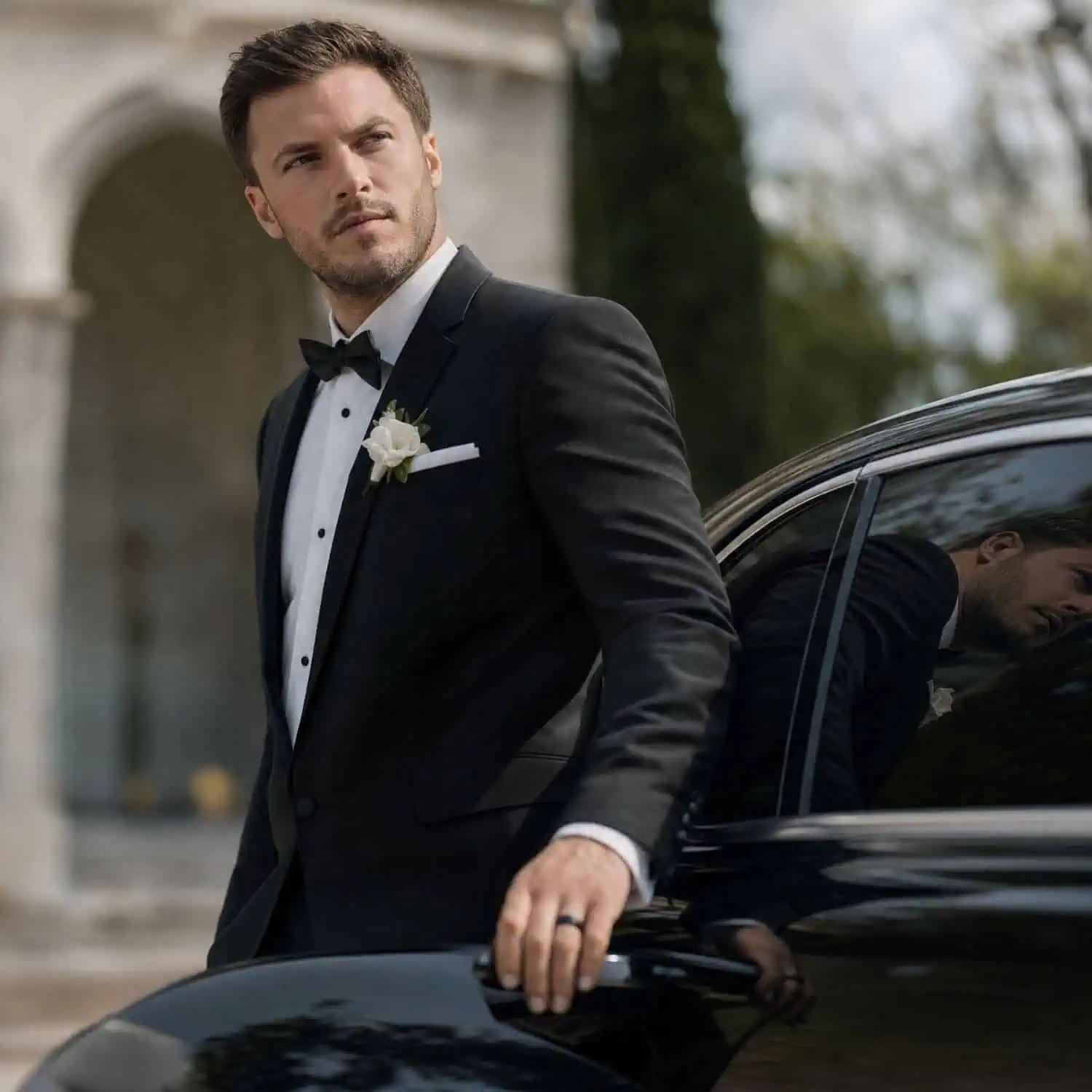 Groom in a wedding suit and bow tie holding open his wedding car door while wearing a black tungsten wedding band with a distinctive iridescent rainbow groove.