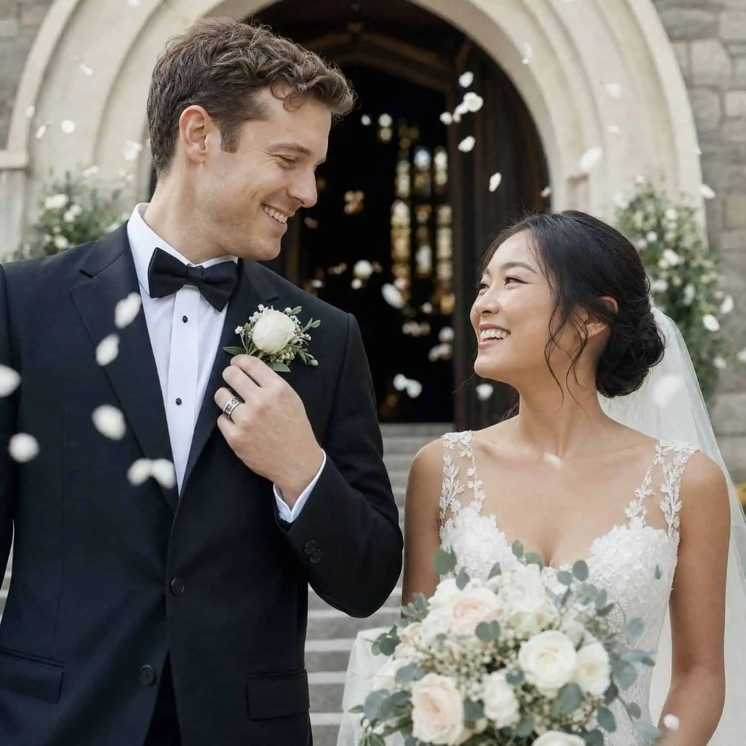 Groom wearing a silver tungsten wedding ring with a black carbon fibre and gear inlay as he leaves the church with his bride beneath falling confetti.