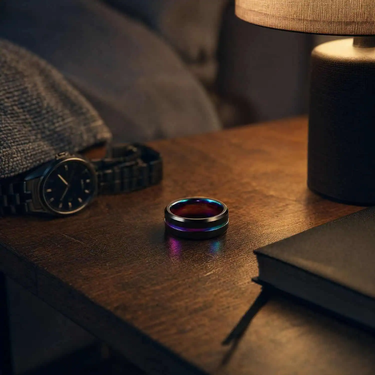 Men's black tungsten ring with a colourful rainbow groove resting on a rustic wooden bedside table beside a book and watch, illuminated by a warm bedside lamp.