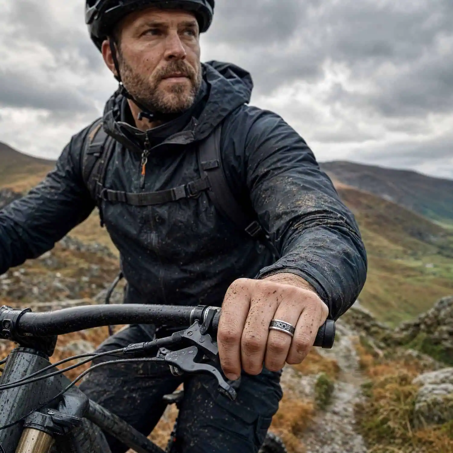 Man mountain biking through the British countryside while wearing a silver tungsten ring with a black carbon fibre and gear inlay as he holds the handlebars.