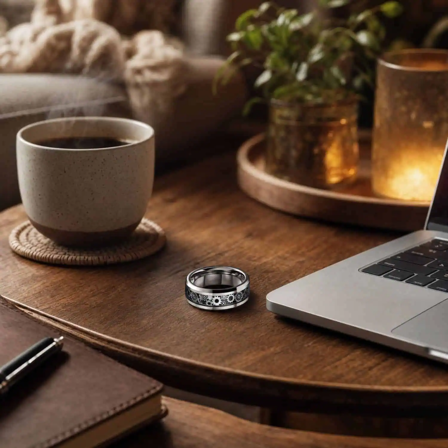 Men's polished silver tungsten ring with a black carbon fibre and gear inlay displayed on a wooden coffee table beside a laptop and coffee.