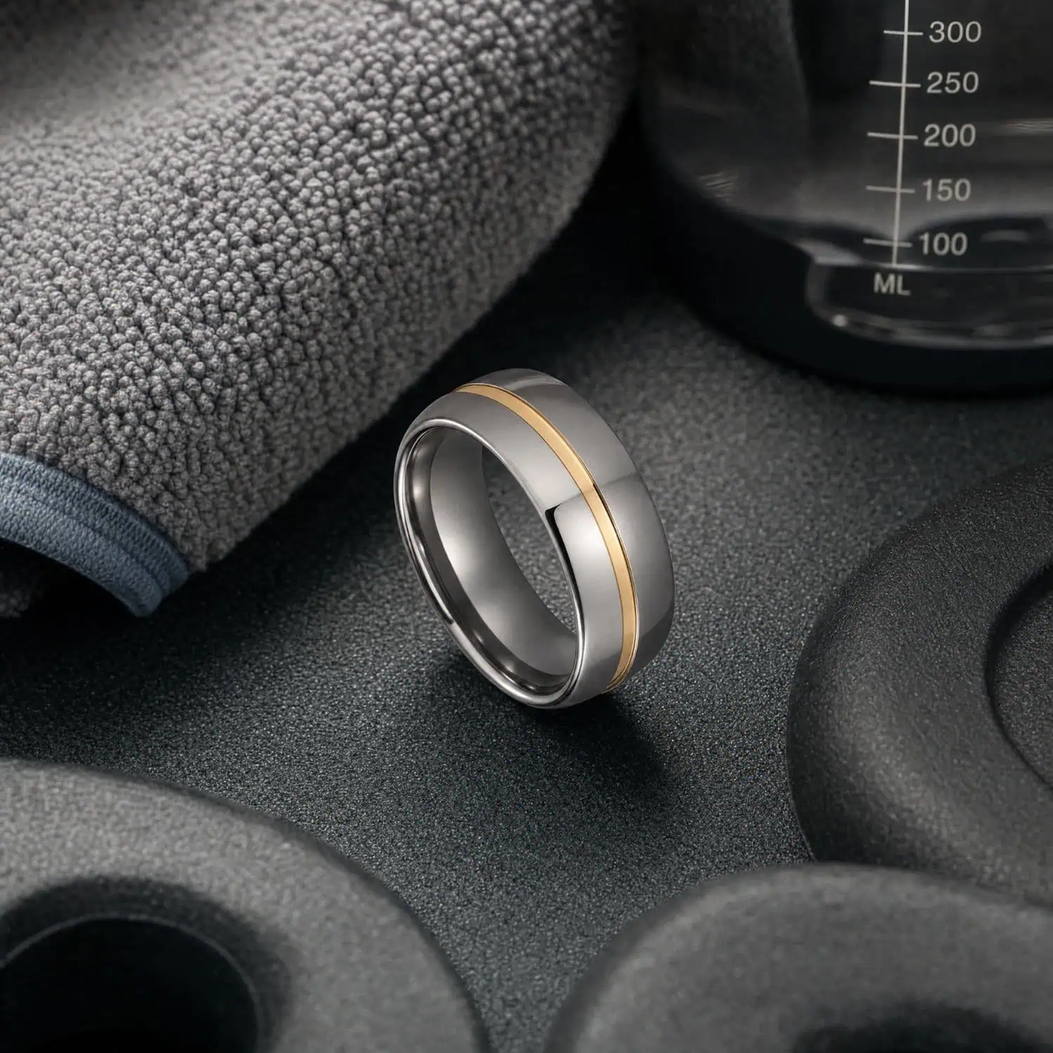 Men's silver and gold tungsten ring removed for a workout and placed beside gym weights and a towel.