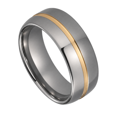 Close-up of the Embrace polished silver tungsten ring with a polished gold centre groove, showcasing its two-tone 8mm design on a white background.