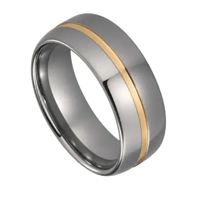 Close-up of the Embrace polished silver tungsten ring with a polished gold centre groove, showcasing its two-tone 8mm design on a white background.
