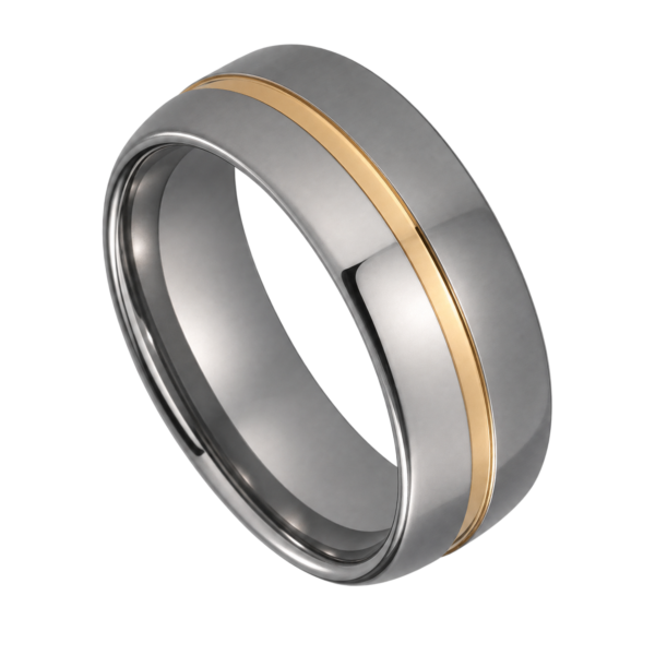 Close-up of the Embrace polished silver tungsten ring with a polished gold centre groove, showcasing its two-tone 8mm design on a white background.