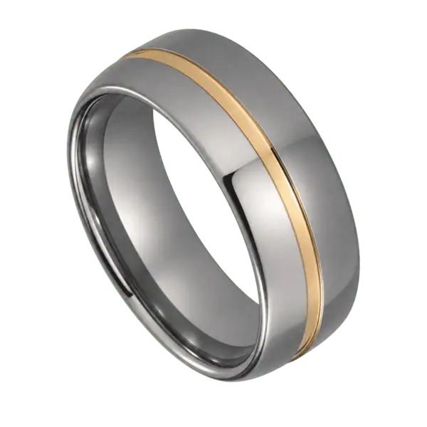 Close-up of the Embrace polished silver tungsten ring with a polished gold centre groove, showcasing its two-tone 8mm design on a white background.