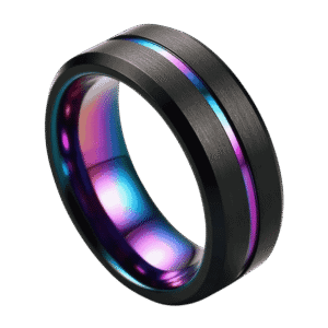 The Unity black tungsten men’s ring with iridescent rainbow groove — bold wedding band or eternity ring with custom engraving for him.