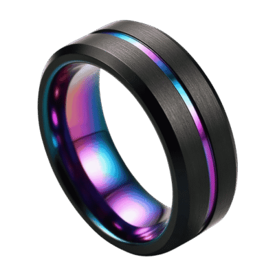 The Unity black tungsten men’s ring with iridescent rainbow groove — bold wedding band or eternity ring with custom engraving for him.