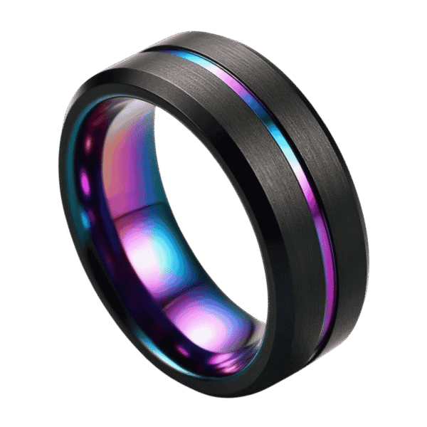 The Unity black tungsten men’s ring with iridescent rainbow groove — bold wedding band or eternity ring with custom engraving for him.