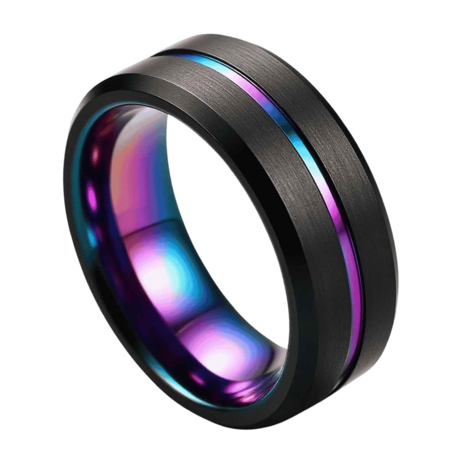 The Unity black tungsten men’s ring with iridescent rainbow groove — bold wedding band or eternity ring with custom engraving for him.