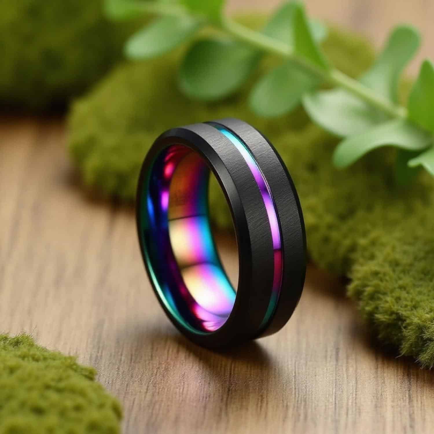 Unity black tungsten ring for men with iridescent rainbow centre — sleek 8mm wedding band or engagement ring with engraving.