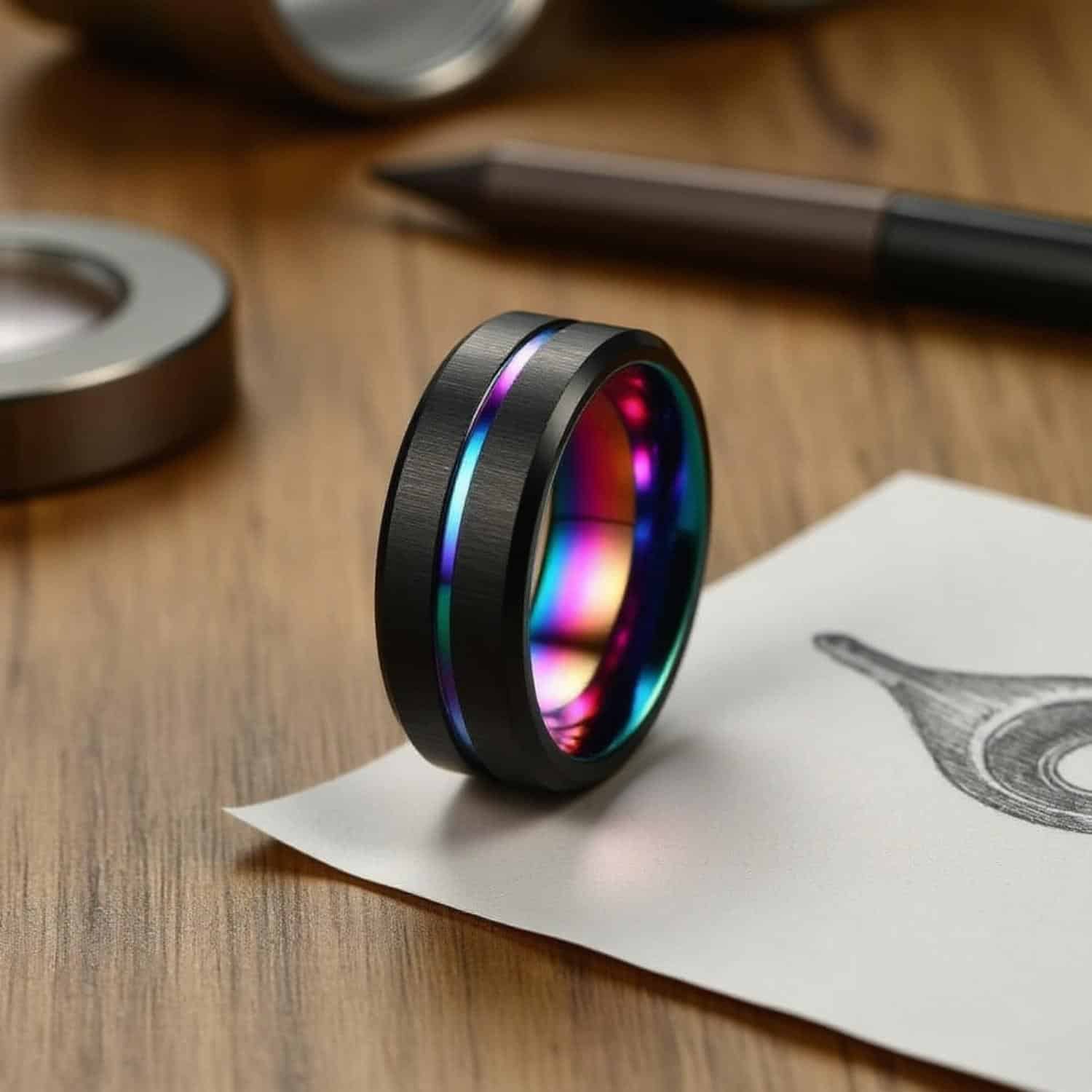 The Unity iridescent black tungsten men’s ring with rainbow groove — eternity ring or statement band for him.