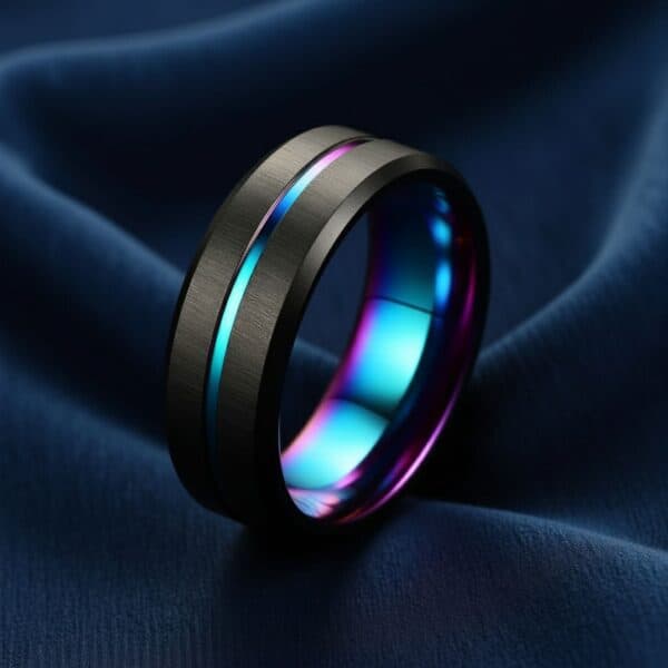 Unity tungsten ring for men in black with iridescent centre — sleek wedding band or eternity ring for gents.
