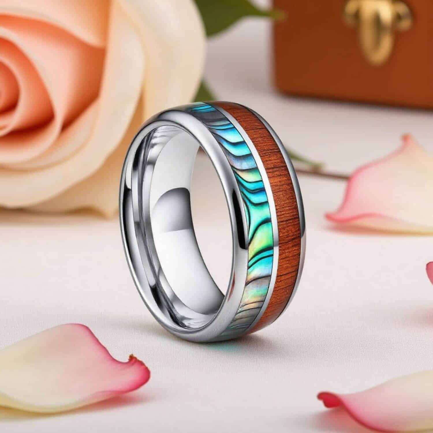 thumbnail image 2 of Tungsten Rings For Men Wedding Bands For Him Womens Wedding Bands For Her 6mm Real Wood Abalone Shell With Opal 2 of 10