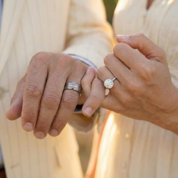 Mens wedding band in silver and rose gold tungsten – personalised ring engraving available.