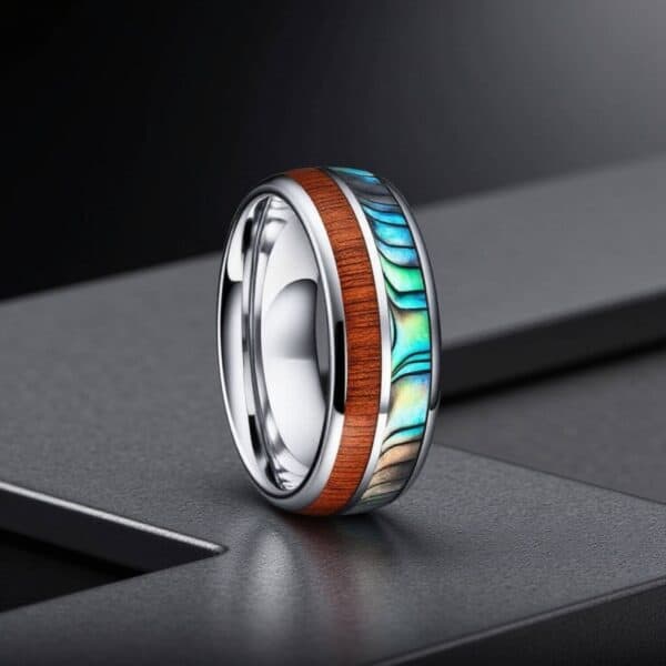 Abalone shell and wood mans wedding band / engagement ring