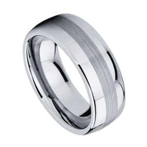 A close up image of a silver tungsten ring. With a domed shape, like a classic wedding band, it has a distinctive brushed centre that runs through the middle of the ring.