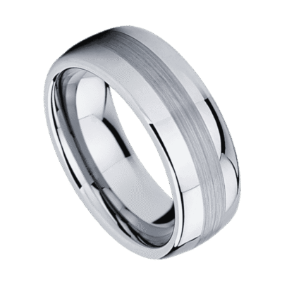 A close up image of a silver tungsten ring. With a domed shape, like a classic wedding band, it has a distinctive brushed centre that runs through the middle of the ring.