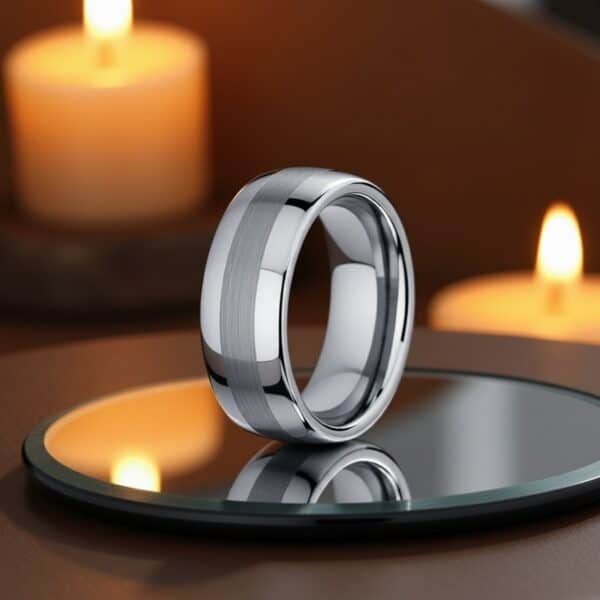 Silver Knight tungsten men’s ring with brushed centre and polished edges — classic 8mm wedding band with engraving option.