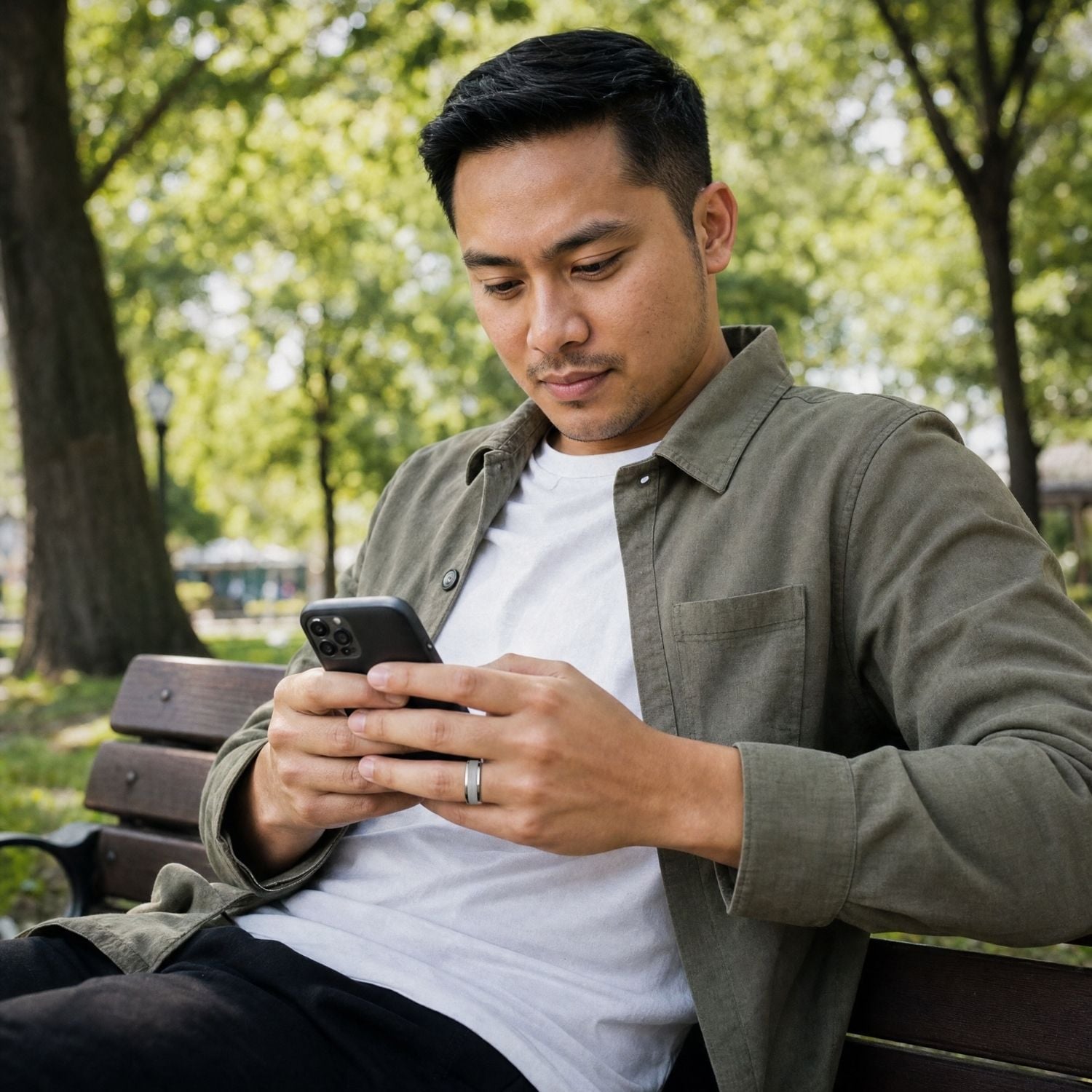 Man relaxing on a park bench looking at his phone while wearing The Knight silver tungsten ring, with leafy green trees in the background.