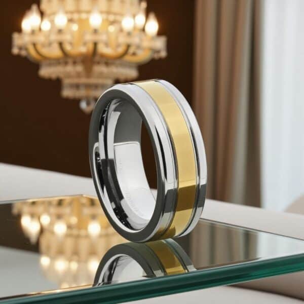 Opulent flat tungsten men’s ring in polished silver with gold groove — a striking statement wedding band for him.
