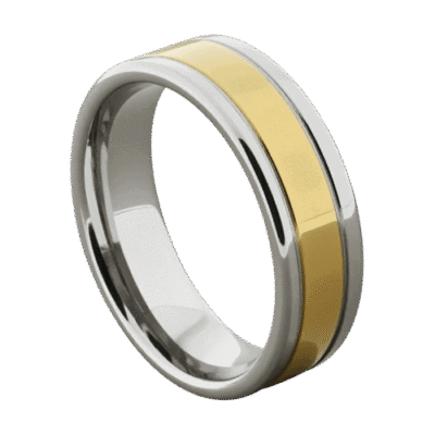 The Opulent men’s tungsten ring in polished silver with gold centre groove — flat-profile design, perfect as a wedding band with personalised engraving.