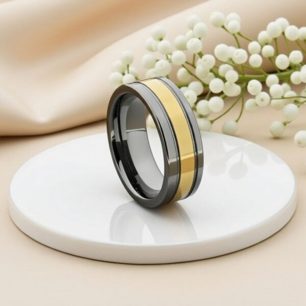 Opulent gold and silver tungsten men’s wedding band with flat design and custom engraving option for a timeless masculine style.