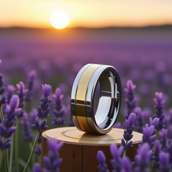 The Opulent men’s tungsten ring — gold and silver flat wedding band or eternity ring for him with custom engraving.