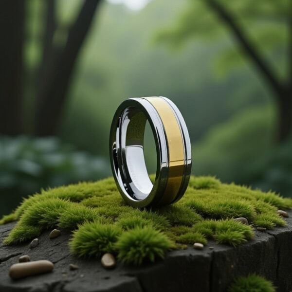 The Opulent polished silver and gold tungsten men’s ring — contemporary flat wedding band and statement ring for him.